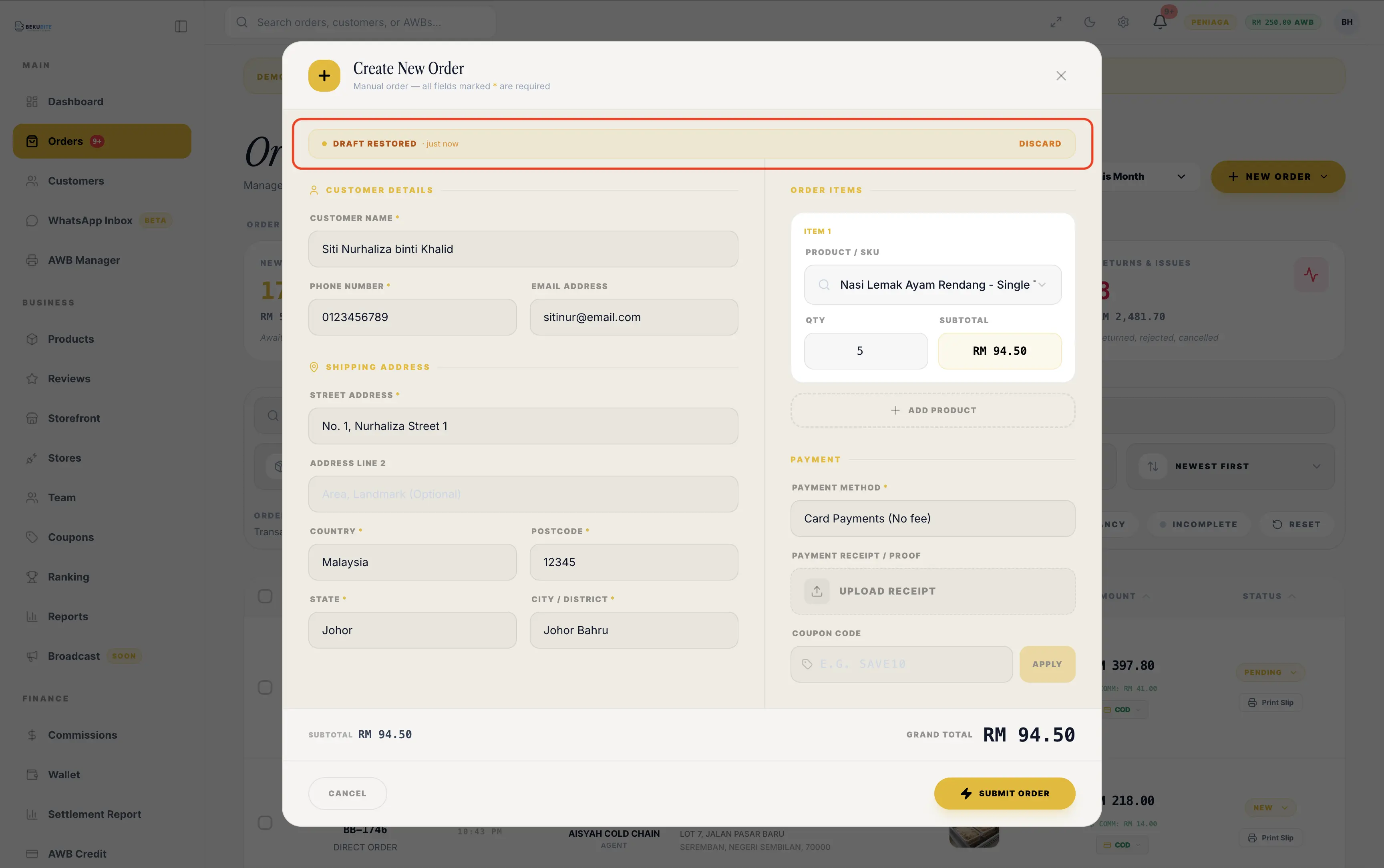 Autosave Draft Order Baru — Kerja Tak Hilang Bila Tertutup