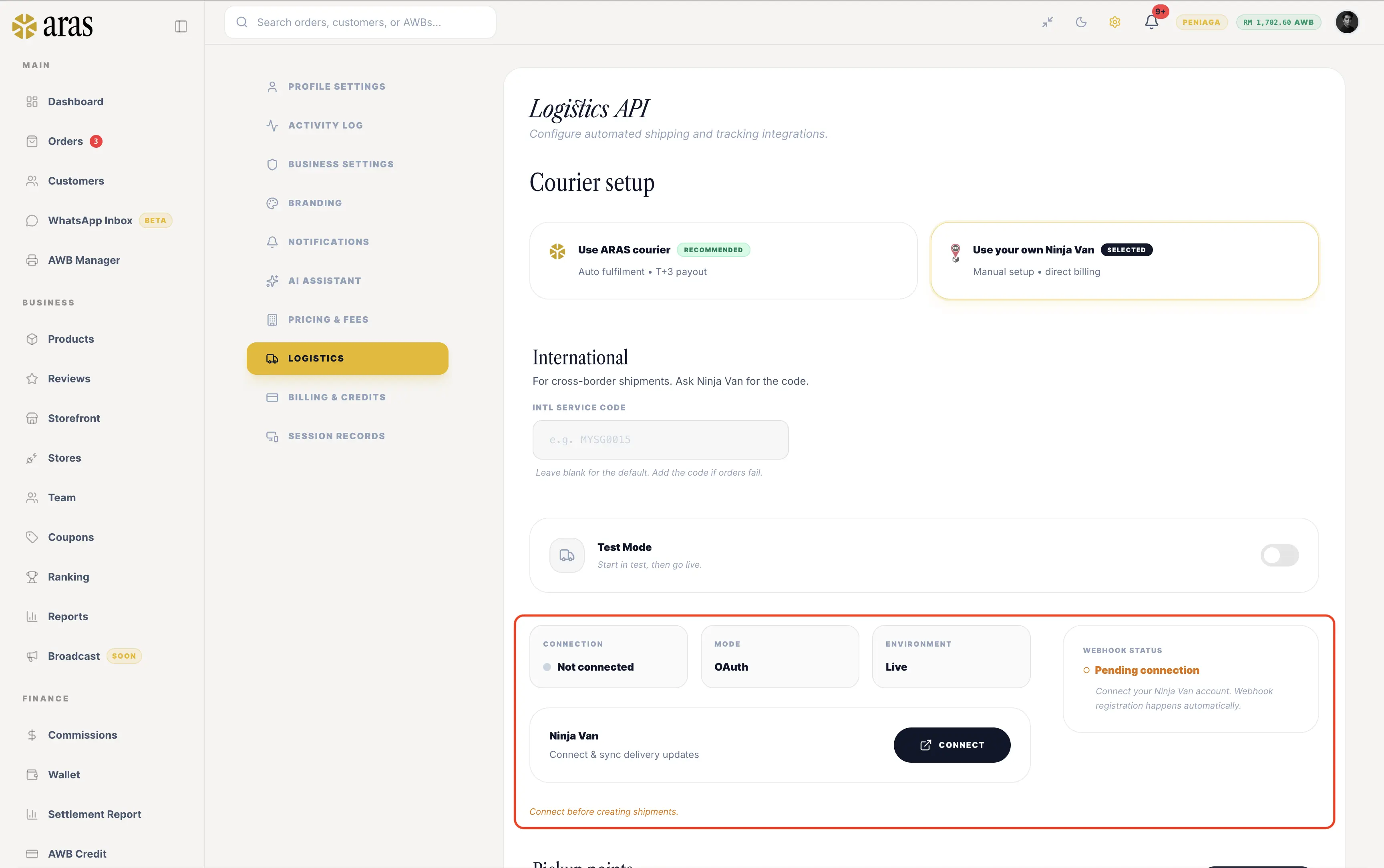 Ninja Van Mode B — Webhook Auto-Daftar Selepas Connect OAuth